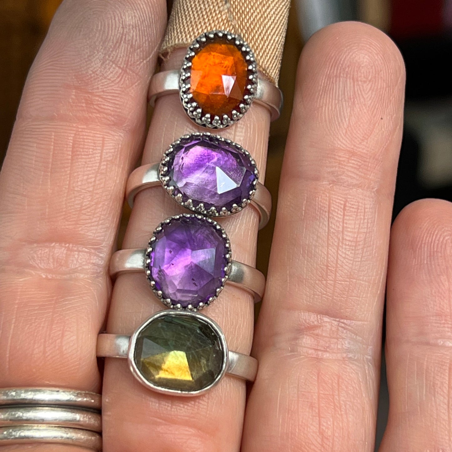 Rose Cut Labradorite Ring on Thick Sterling Silver Band Size 10