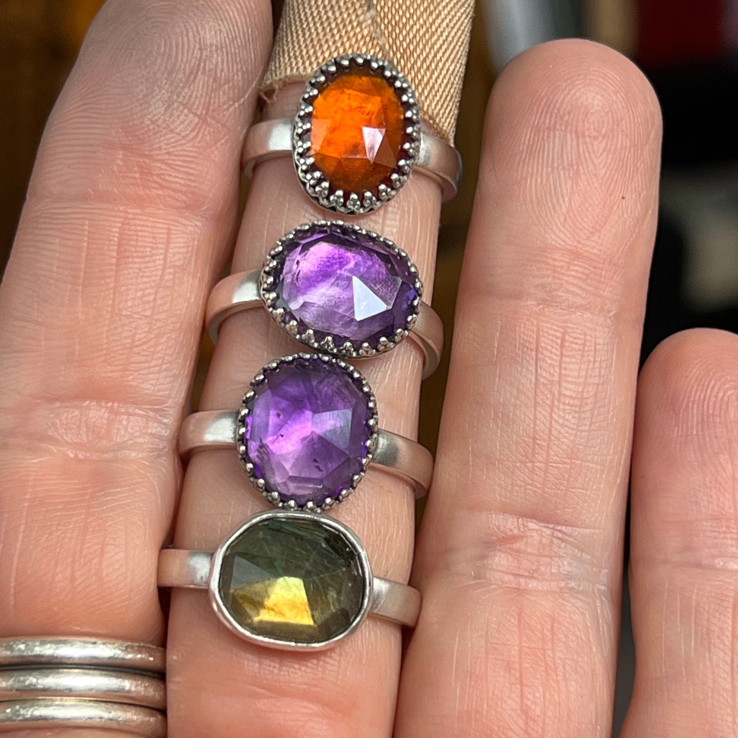 Rose Cut Amethyst Ring on Thick Sterling Silver Band Size 7.5