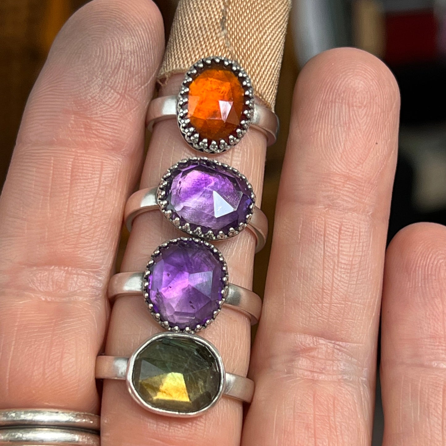 Rose Cut Amethyst Ring on Thick Sterling Silver Band Size 9