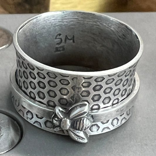 Wide Band Sterling Spinner Ring with Bee