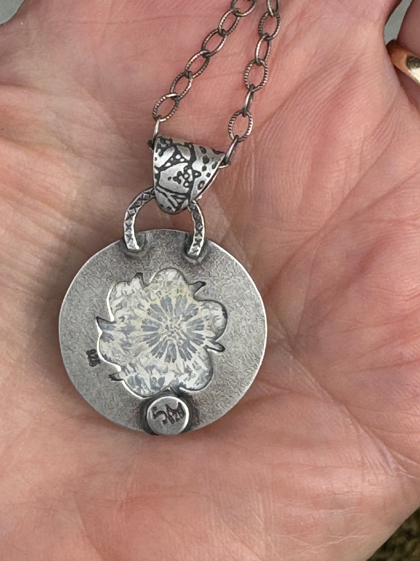 Gray Flower Fossil Coral Necklace, Sterling Silver