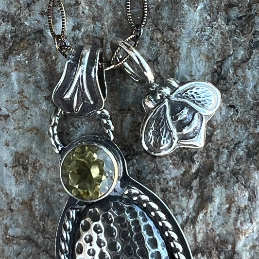Lemon Quartz and Honeybee Charm Necklace, Sterling Silver