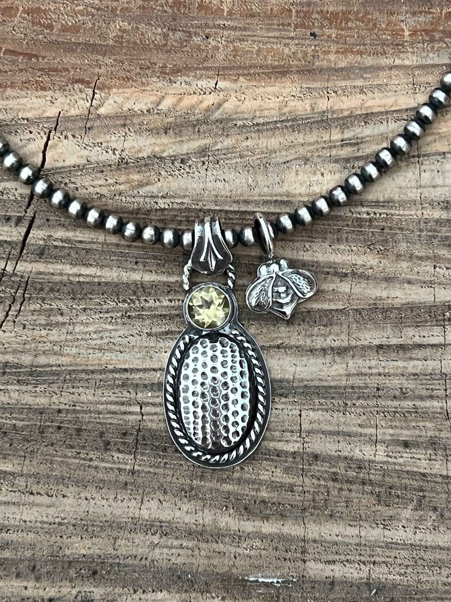 Lemon Quartz and Honeybee Charm Necklace, Sterling Silver