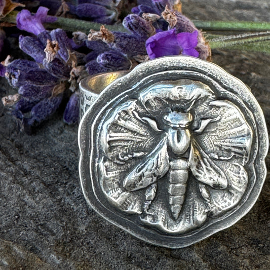 Honey Bee on Flower Ring, Wide Sterling Silver Band Size 7.25