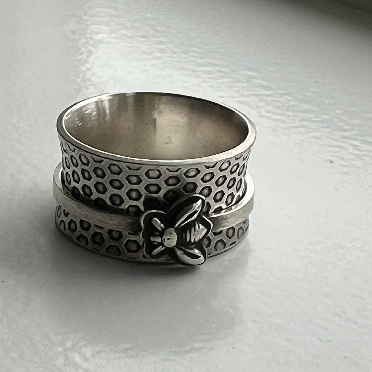 Wide Band Sterling Spinner Ring with Bee