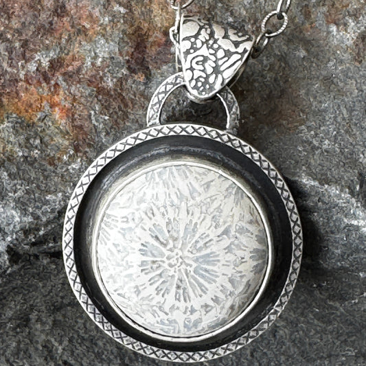 Gray Flower Fossil Coral Necklace, Sterling Silver