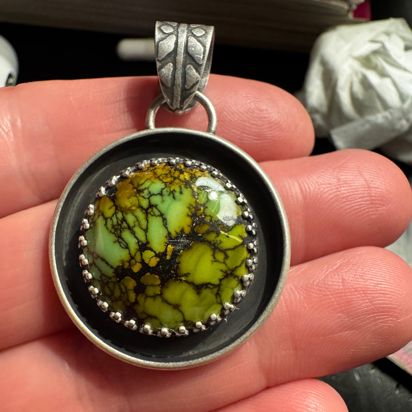 Bamboo Mountain Turquoise Pendant on Sterling Silver Leather Cord