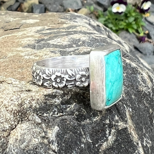 Rectangular Turquoise Ring with Sterling Silver Flower Band Size 7 US