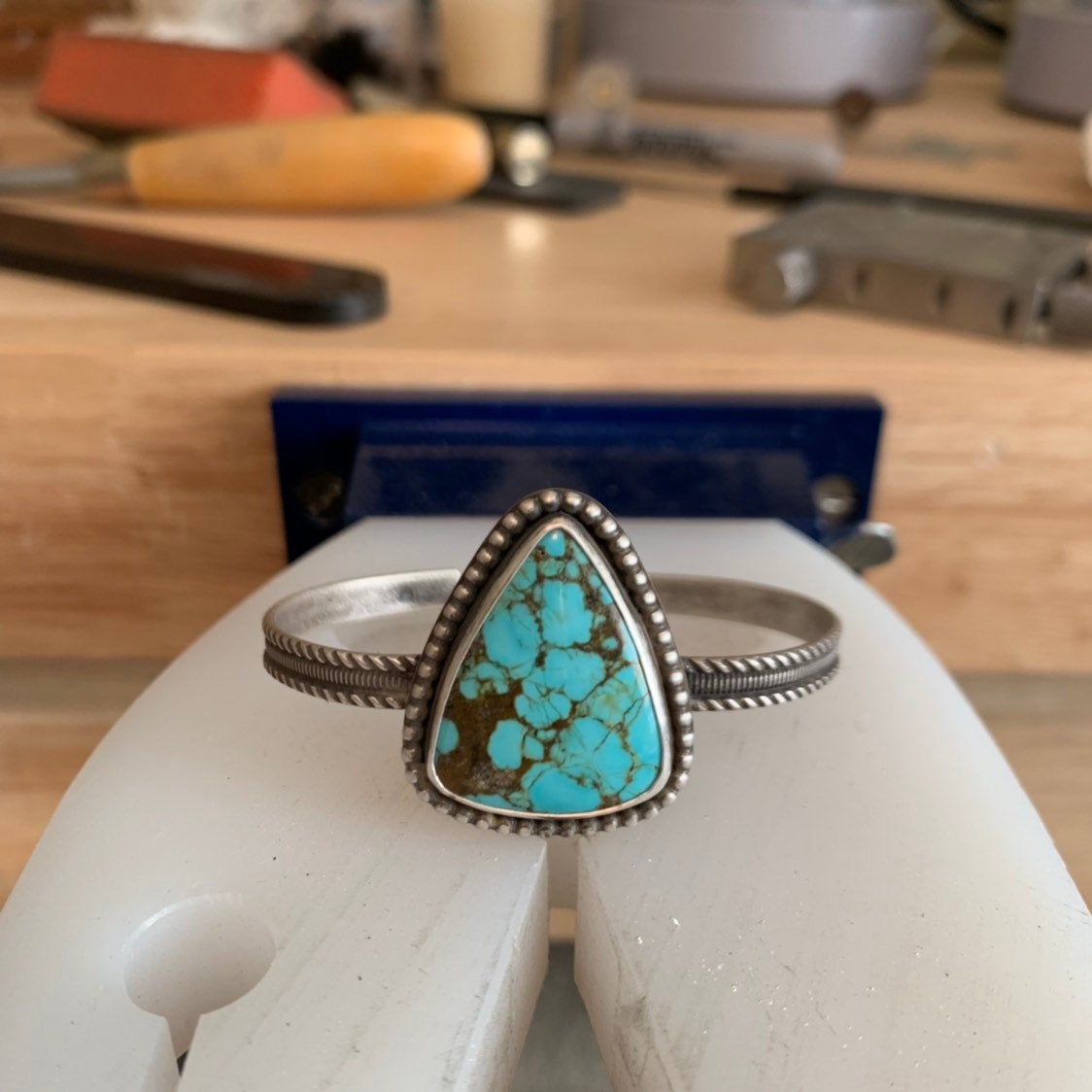 Number 8 Turquoise Cuff Bracelet, Large Triangle Turquoise Stone