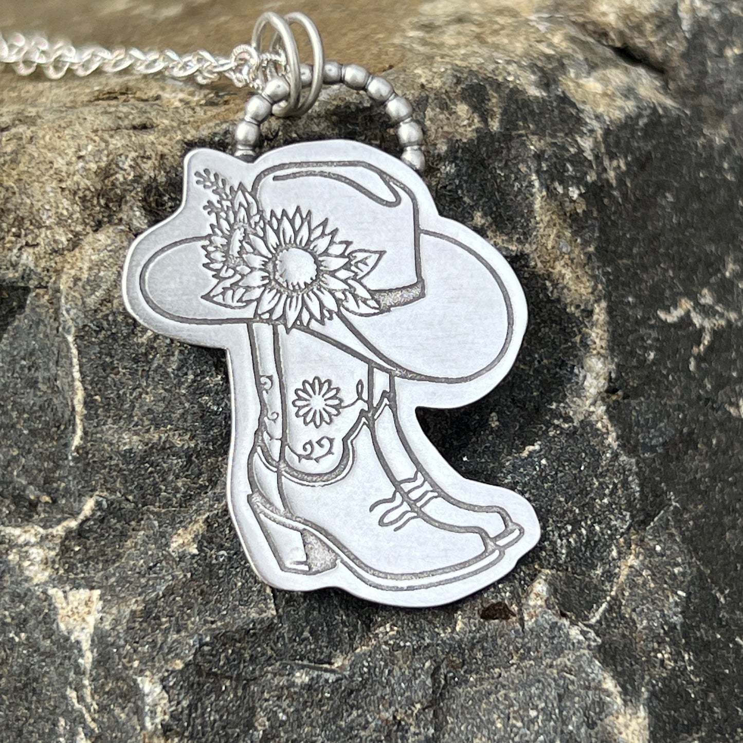 Floral Cowgirl Boot Necklace with Sunflower, Southwest Boho