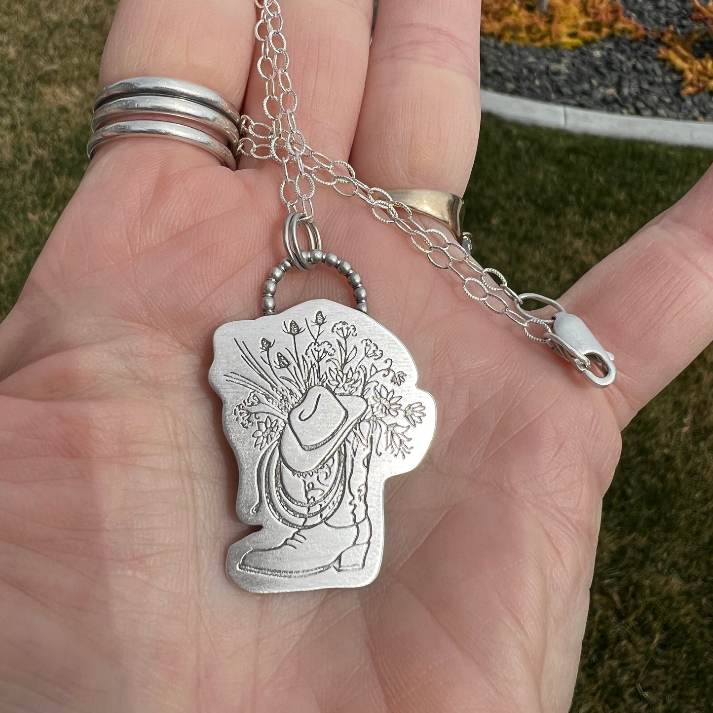 Cowgirl Boot Necklace on Sterling Silver, Southwest Boho