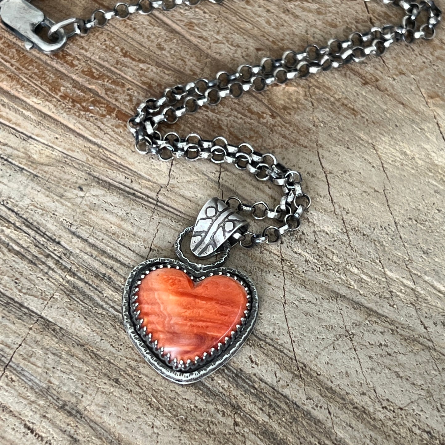 Orange Spiny Oyster Heart Pendant with Thick Rolo Chain, Modern Southwest Style