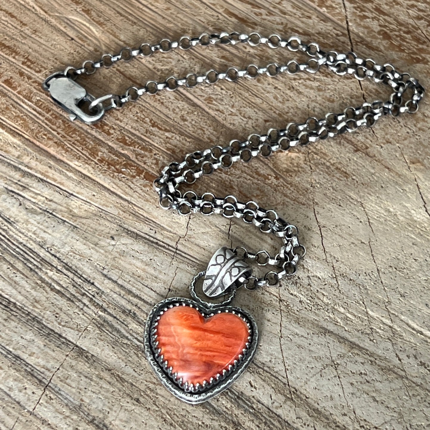 Orange Spiny Oyster Heart Pendant with Thick Rolo Chain, Modern Southwest Style