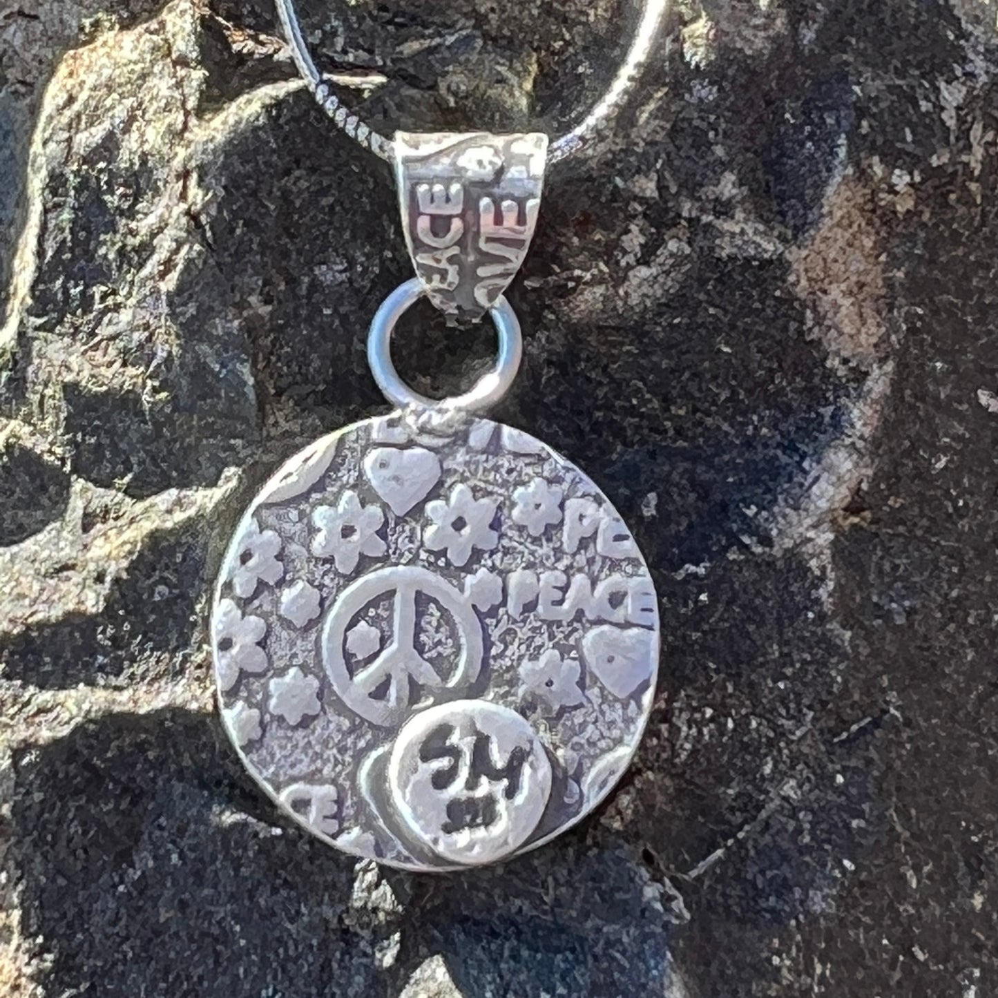 Round Green Hubei Turquoise Pendant, Sterling Silver, Peace and Love