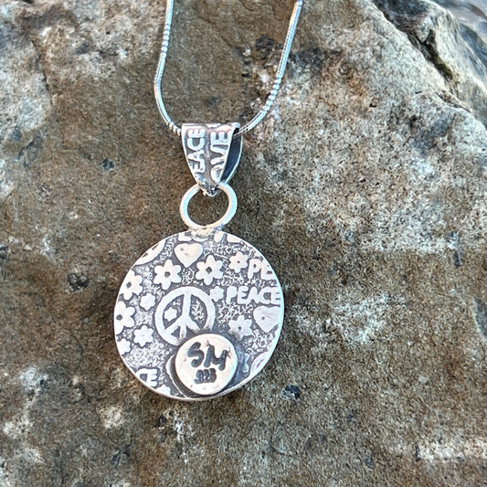 Round Green Hubei Turquoise Pendant, Sterling Silver, Peace and Love