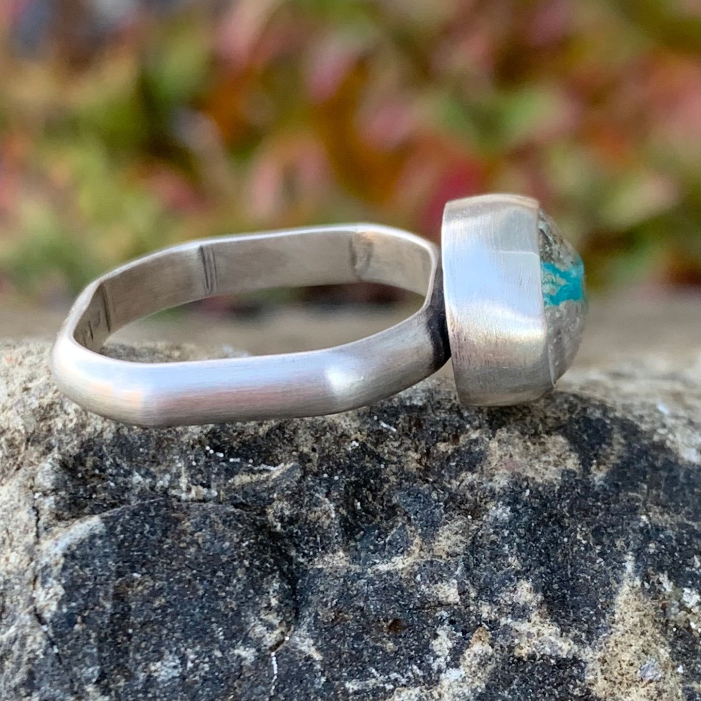 Royston Ribbon Turquoise Ring with Square Band, Unisex Ring Size 10.25