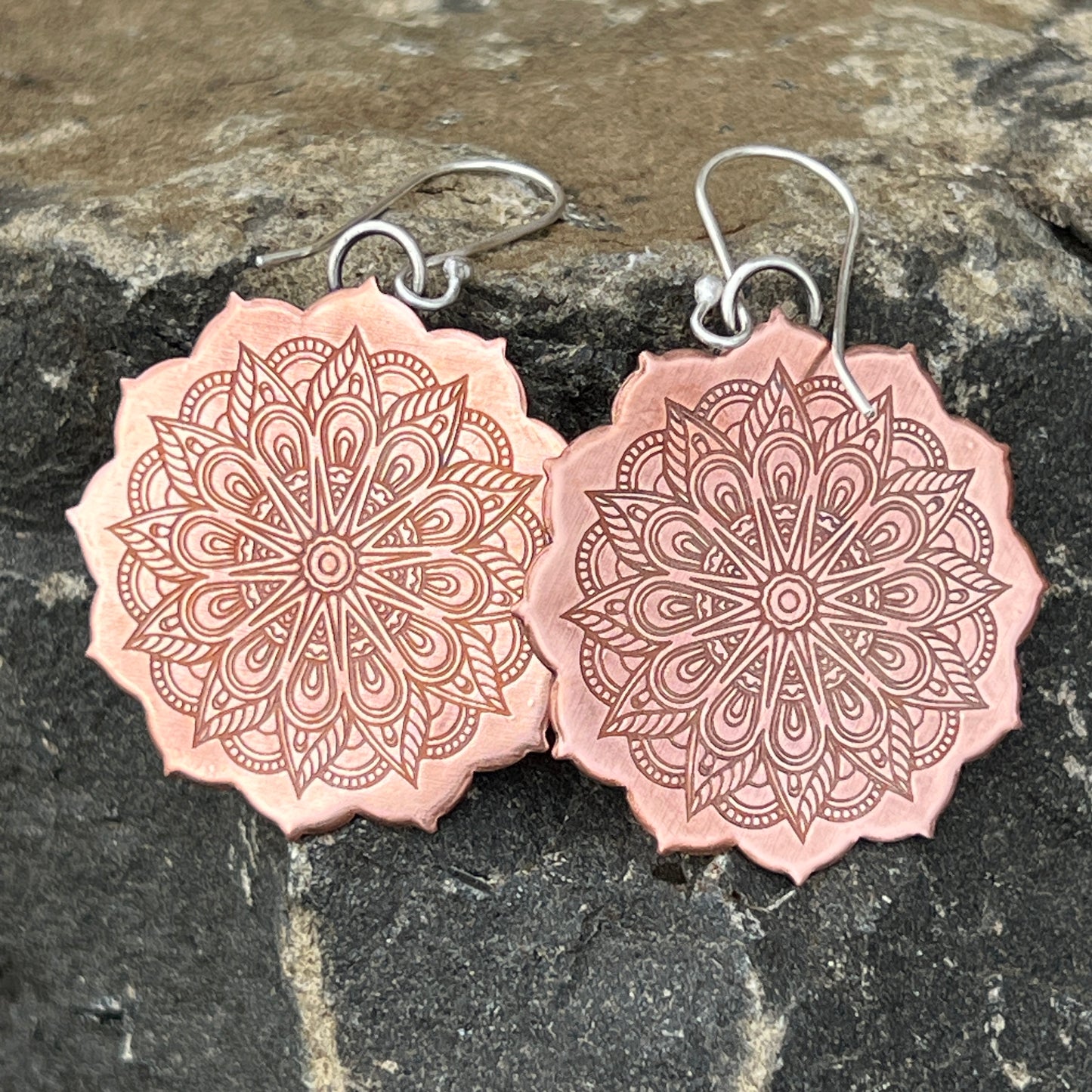 Mandala Earrings on Pure Copper, Sterling Silver Ear Wires, Bohemian Style