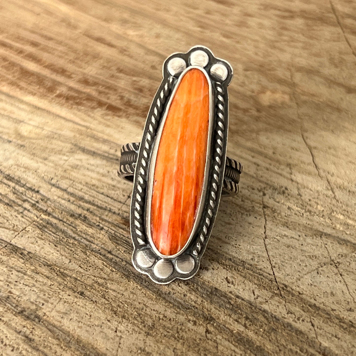 Long Oval Orange Spiny Oyster Ring, Size 7, Modern Southwest Style