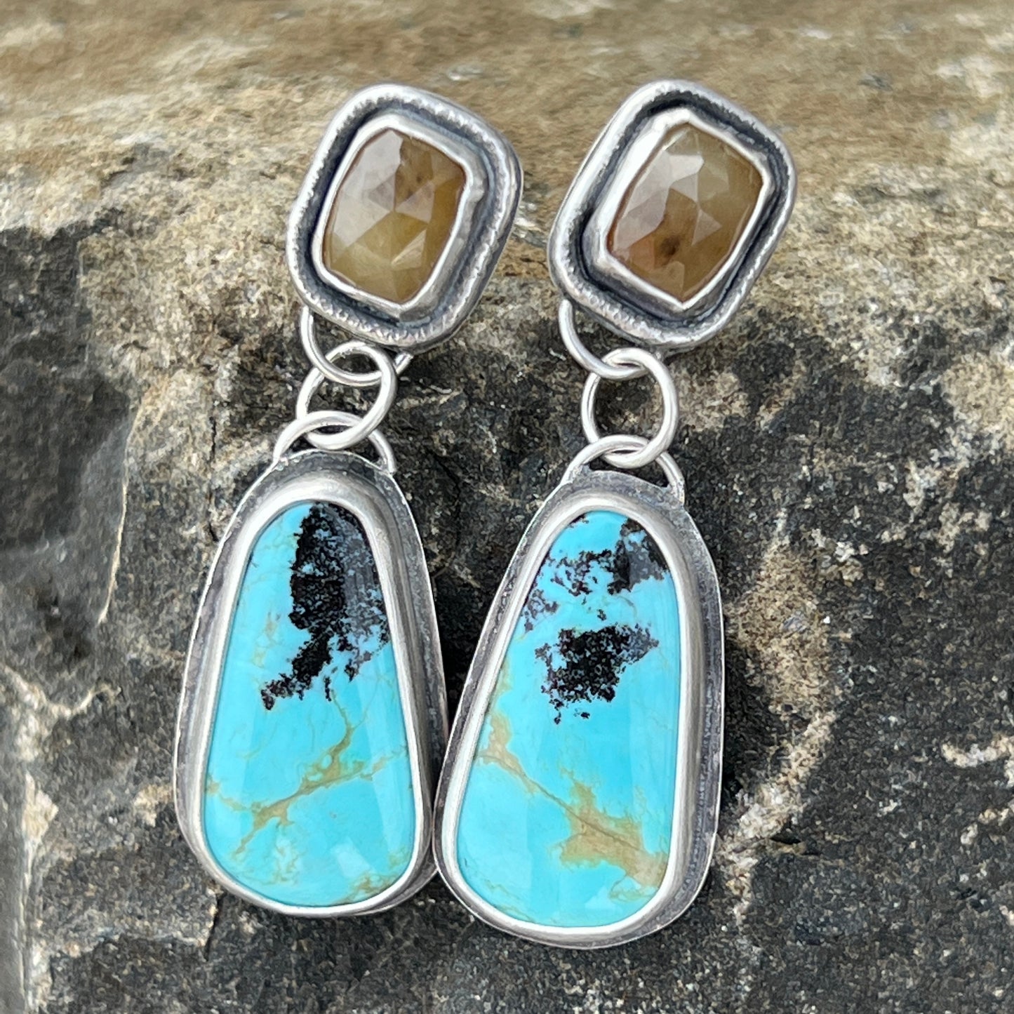 Yellow Sapphire and Kingman Turquoise Stud Earrings with Bird Design On Sterling Silver