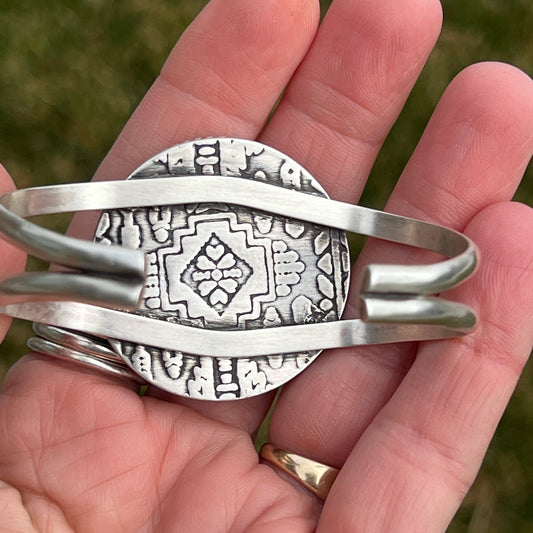 Big Round Nacozari Turquoise Cuff Bracelet on Thick Sterling Silver Split Band