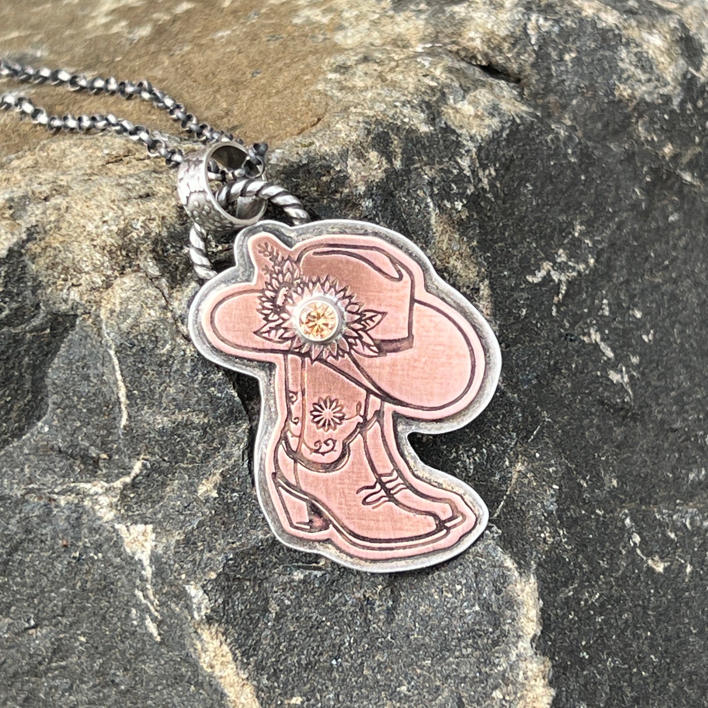 Cowgirl Boots Necklace with Yellow Cubic Zirconia Setting, Copper and Sterling Silver