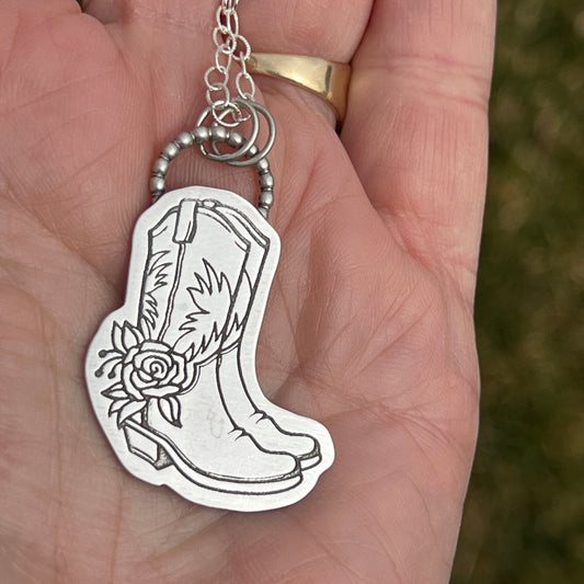 Floral Cowgirl Boots Necklace in Sterling Silver, Rodeo Style Jewelry