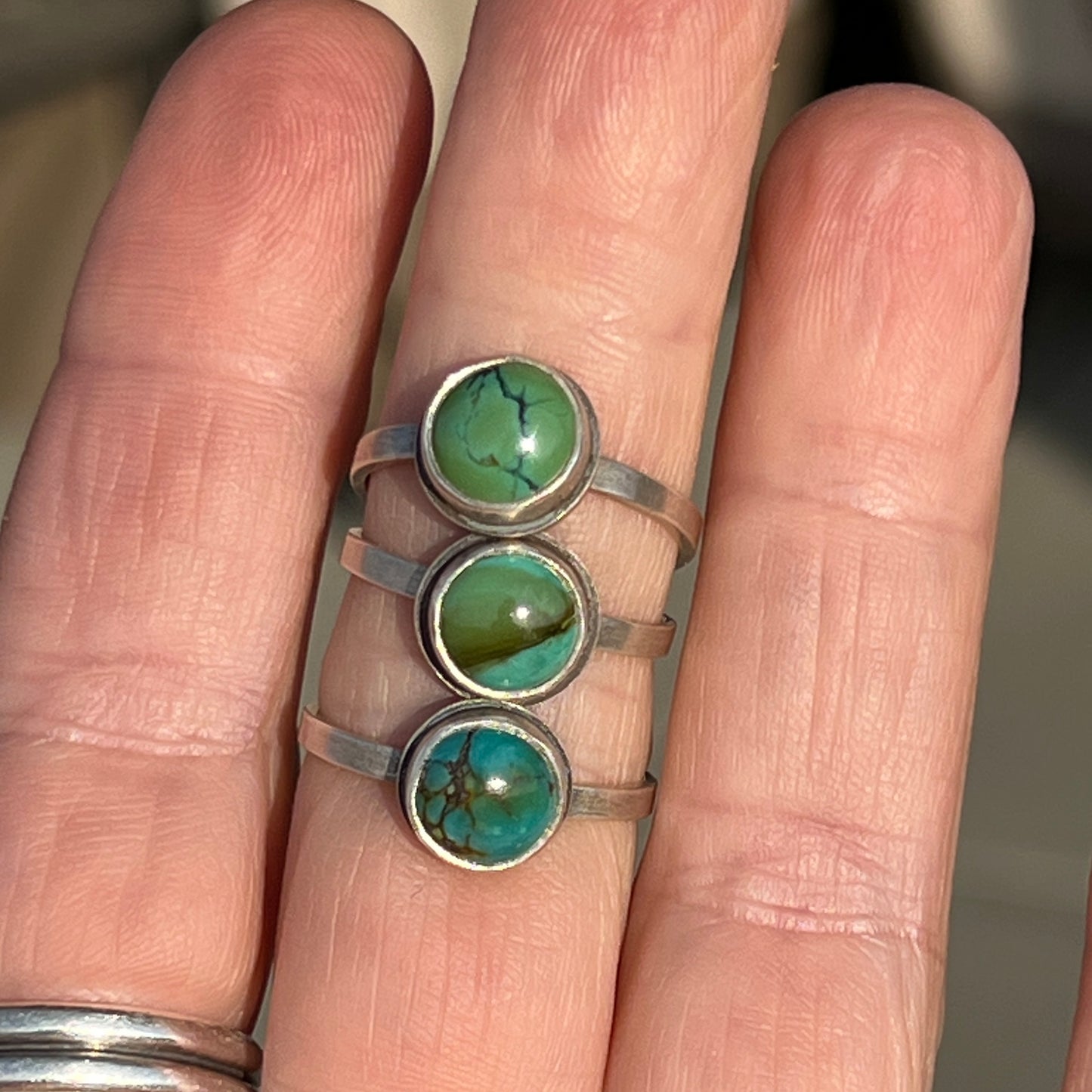 Green Turquoise Ring, Sterling Silver Stackable Ring Size 6.5 US