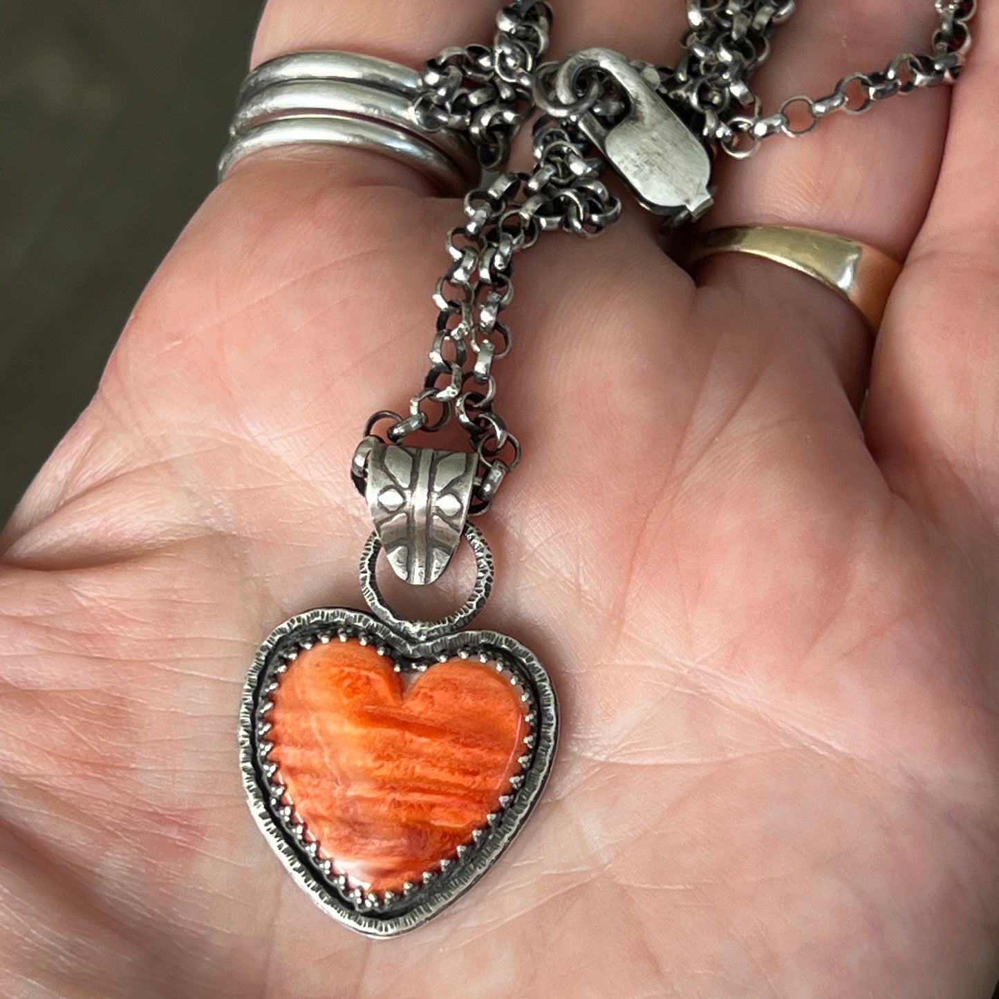 Orange Spiny Oyster Heart Pendant with Thick Rolo Chain, Modern Southwest Style
