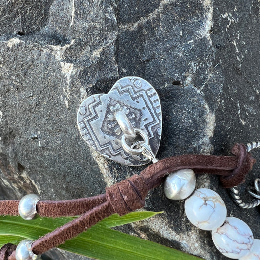 Artisan Bead Bracelet with Wild Horse Magnesite, Handmade Sterling Silver Beads, Royston Turquoise Heart Button with Leather Closure