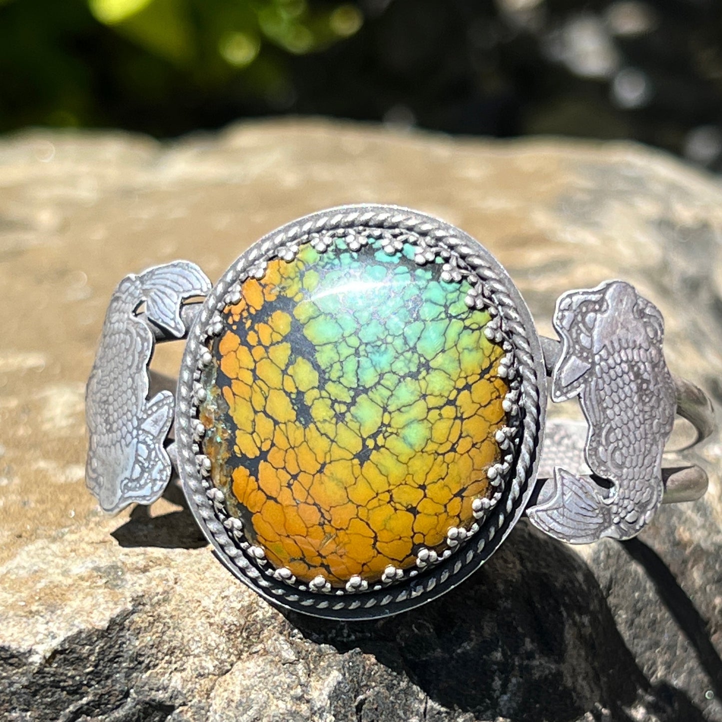 Big Turquoise Stone Cuff with Koi Fish Design