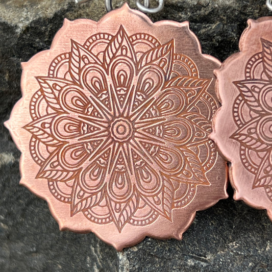 Mandala Earrings on Pure Copper, Sterling Silver Ear Wires, Bohemian Style