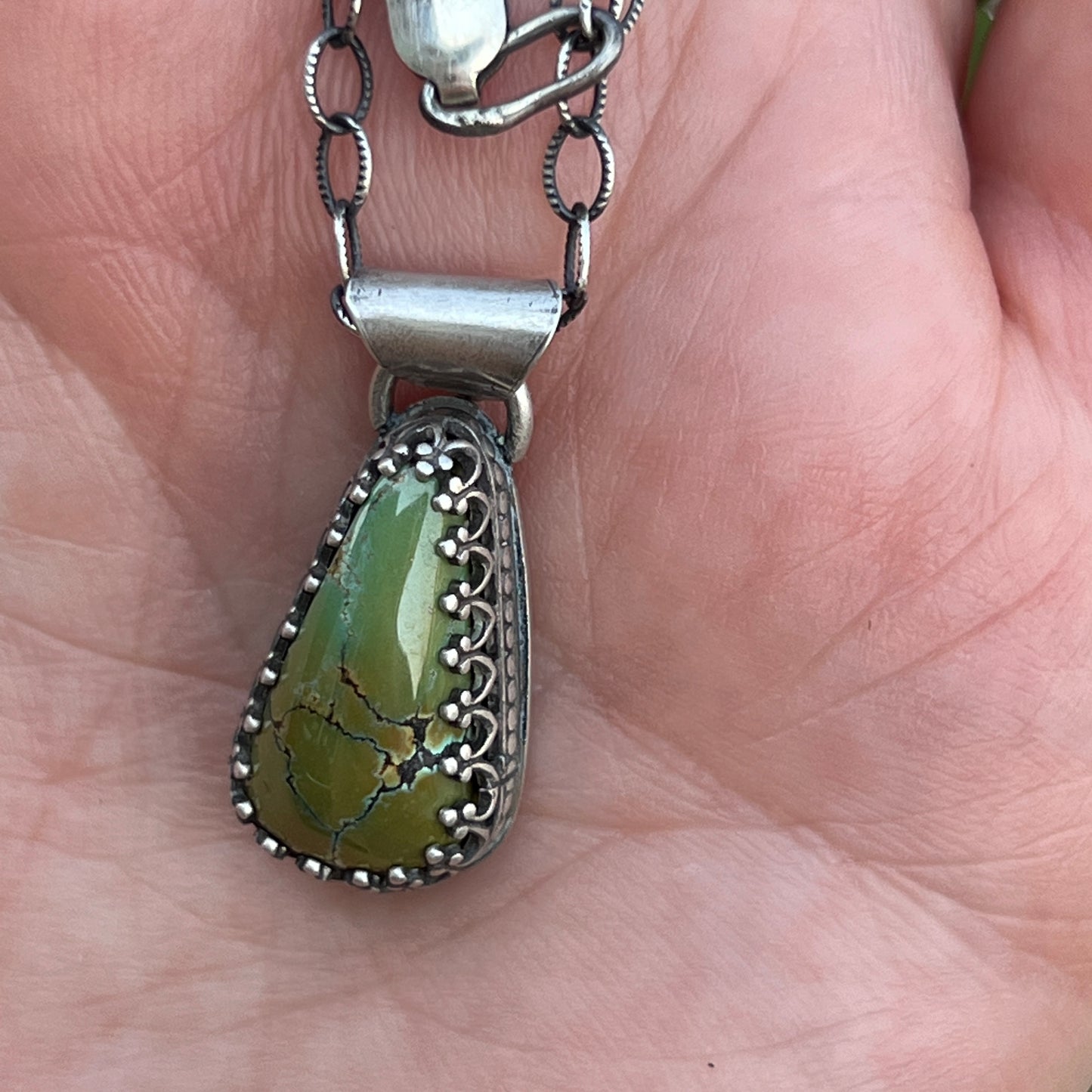 Olive Green Bamboo Mountain Turquoise Necklace, Sterling Silver Teardrop Pendant