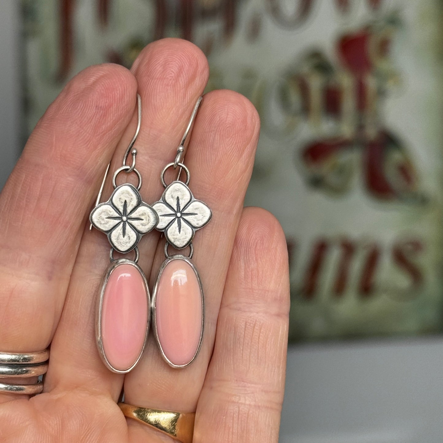 Pink Conch Shell Dangle Earrings with Flower Accent