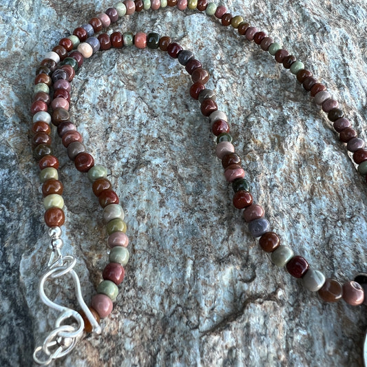 Jasper Stone Beaded Necklace, Sterling Silver Handmade Clasp