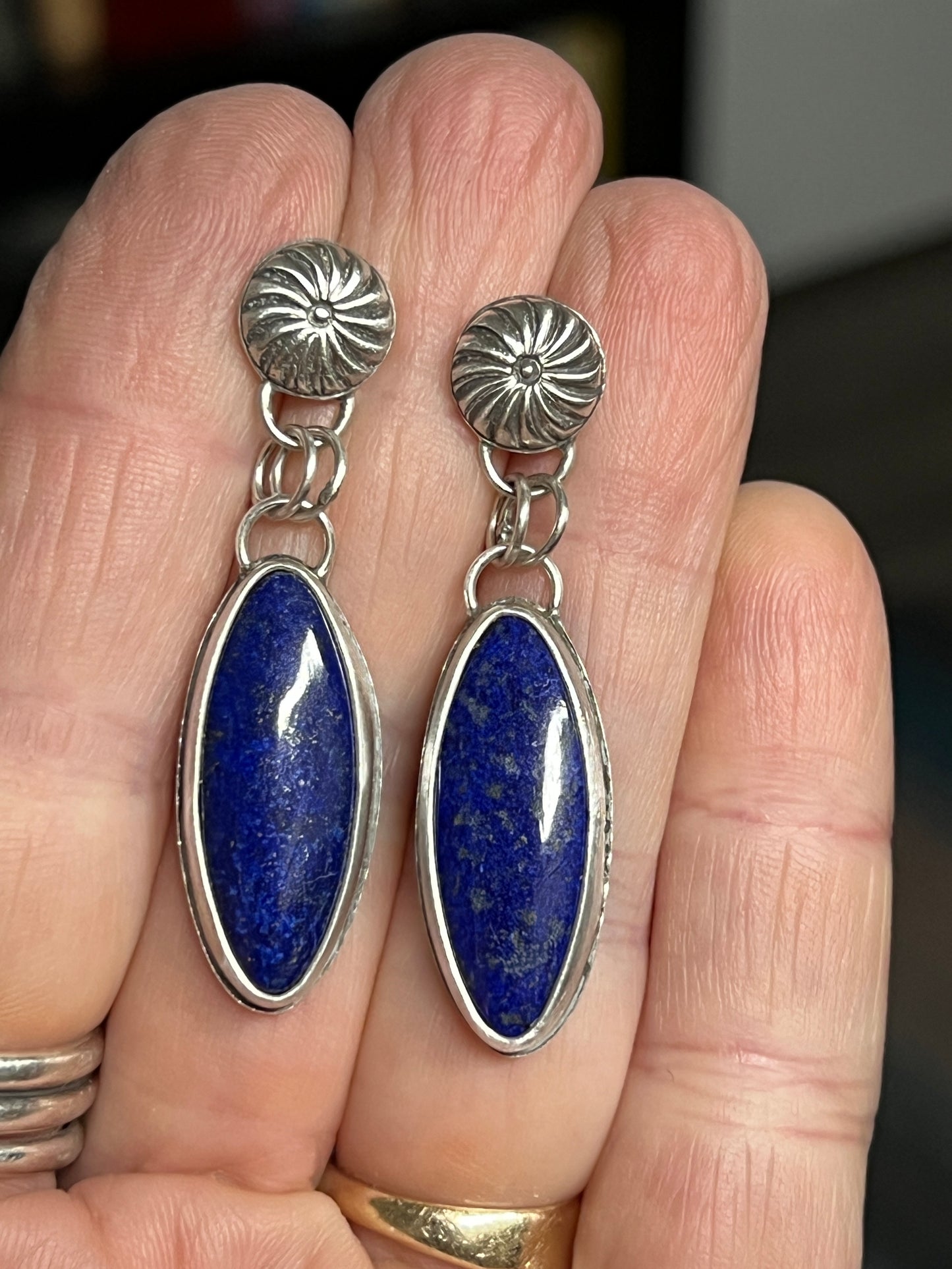 Lapis Lazuli Drop Earrings with Small Silver Concho Studs