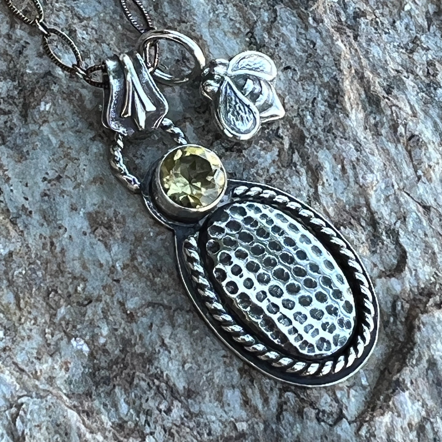 Honeycomb Necklace with Lemon Quartz and Honeybee Charm