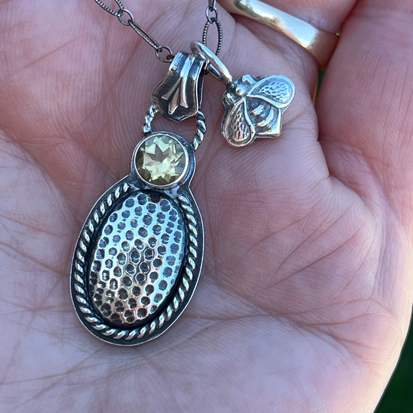 Honeycomb Necklace with Lemon Quartz and Honeybee Charm