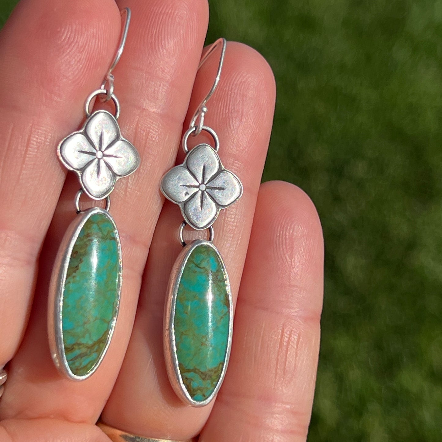 Green Turquoise Drop Earrings with Sterling Silver Link