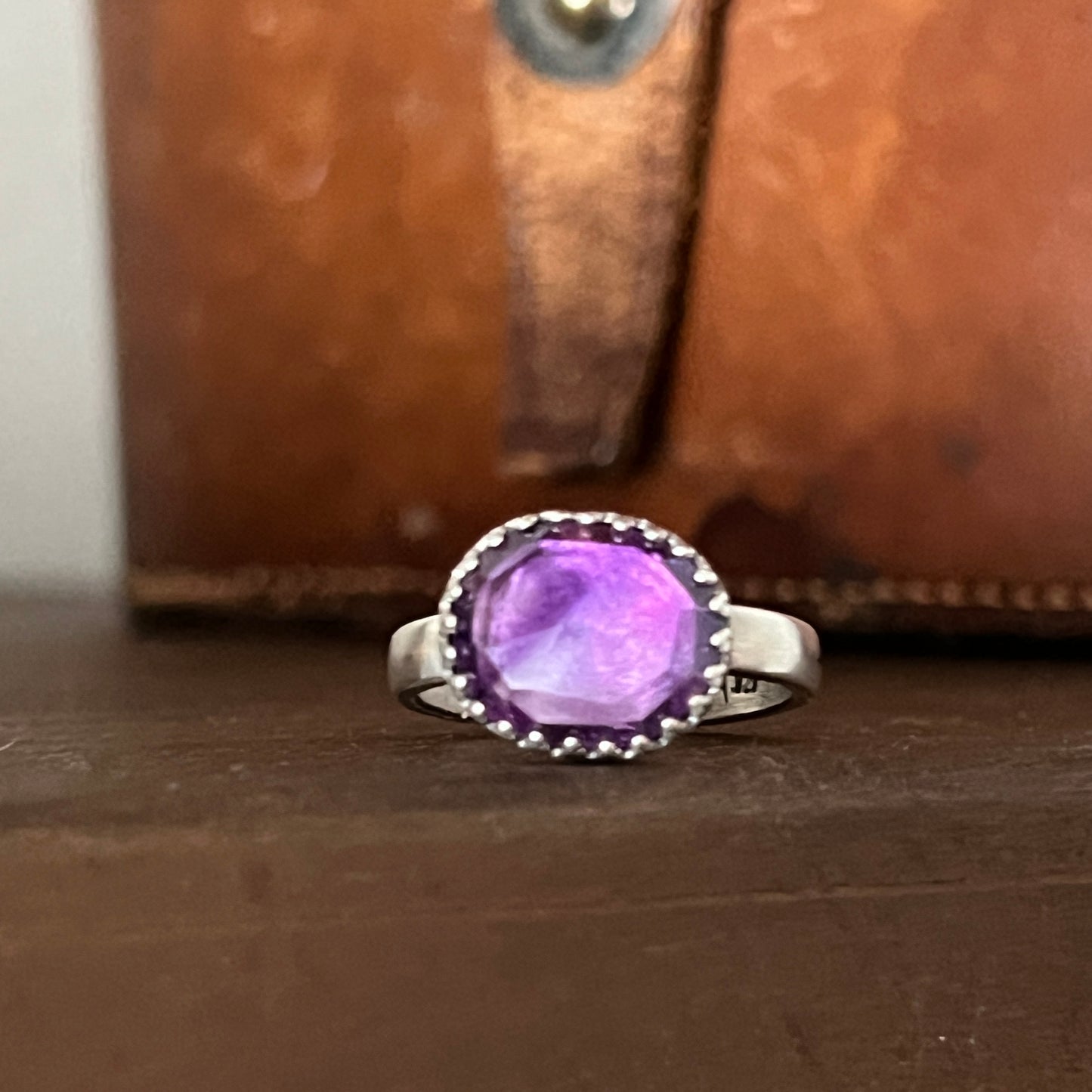 Rose Cut Amethyst Ring on Thick Sterling Silver Band Size 7.5