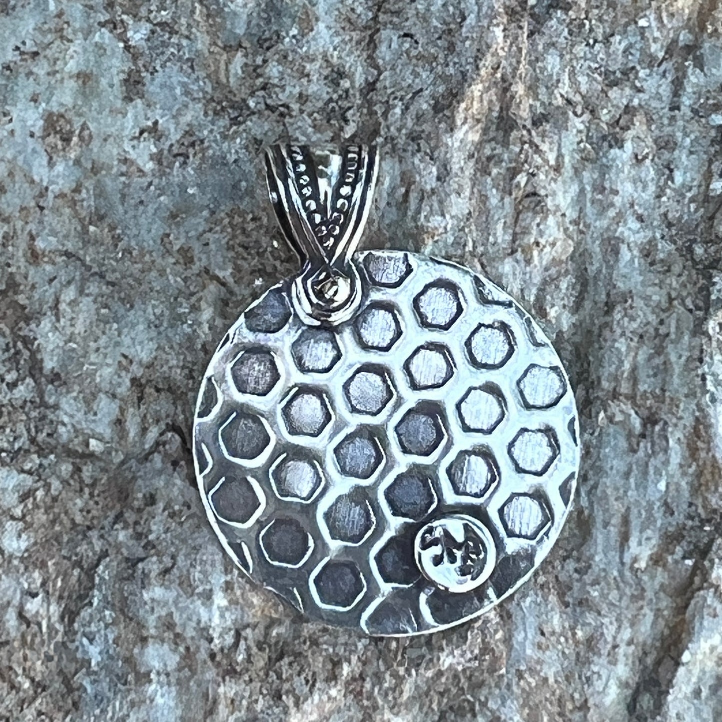 Honeycomb Bee Pendant, Sterling Silver