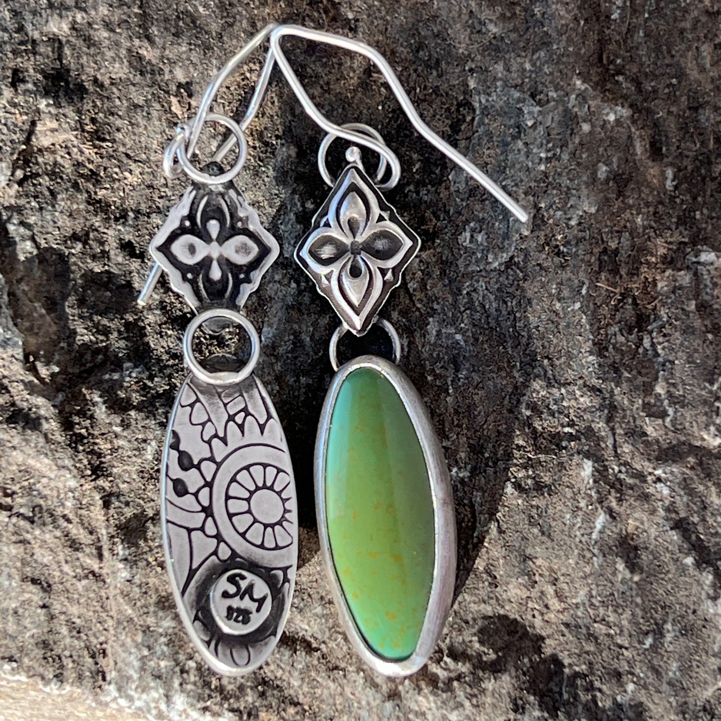 Green Turquoise Drop Earrings with Deco Sterling Silver Link