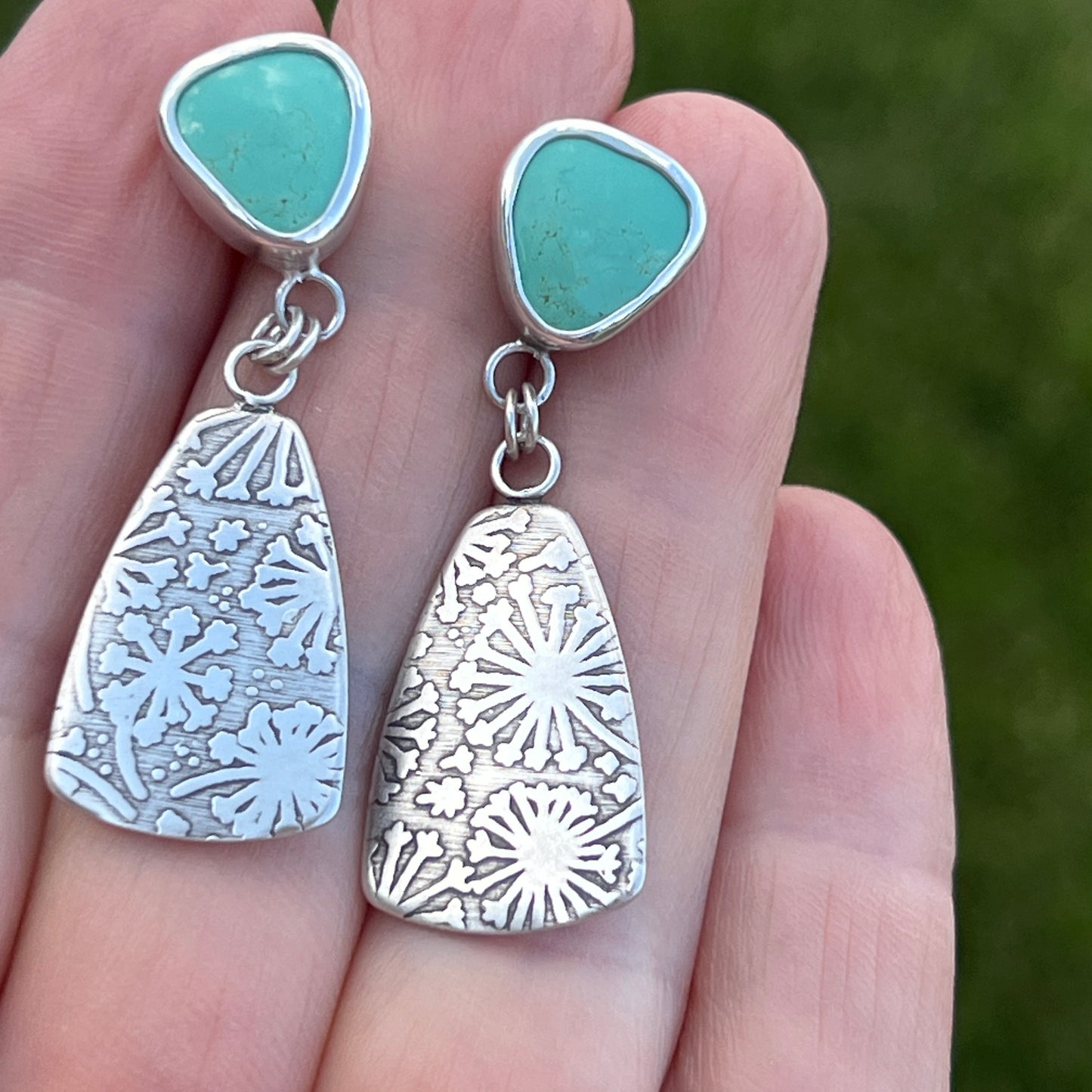 Green Kingman Turquoise Post Earrings with Dandelion Printed Drop