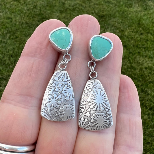 Green Kingman Turquoise Post Earrings with Dandelion Printed Drop