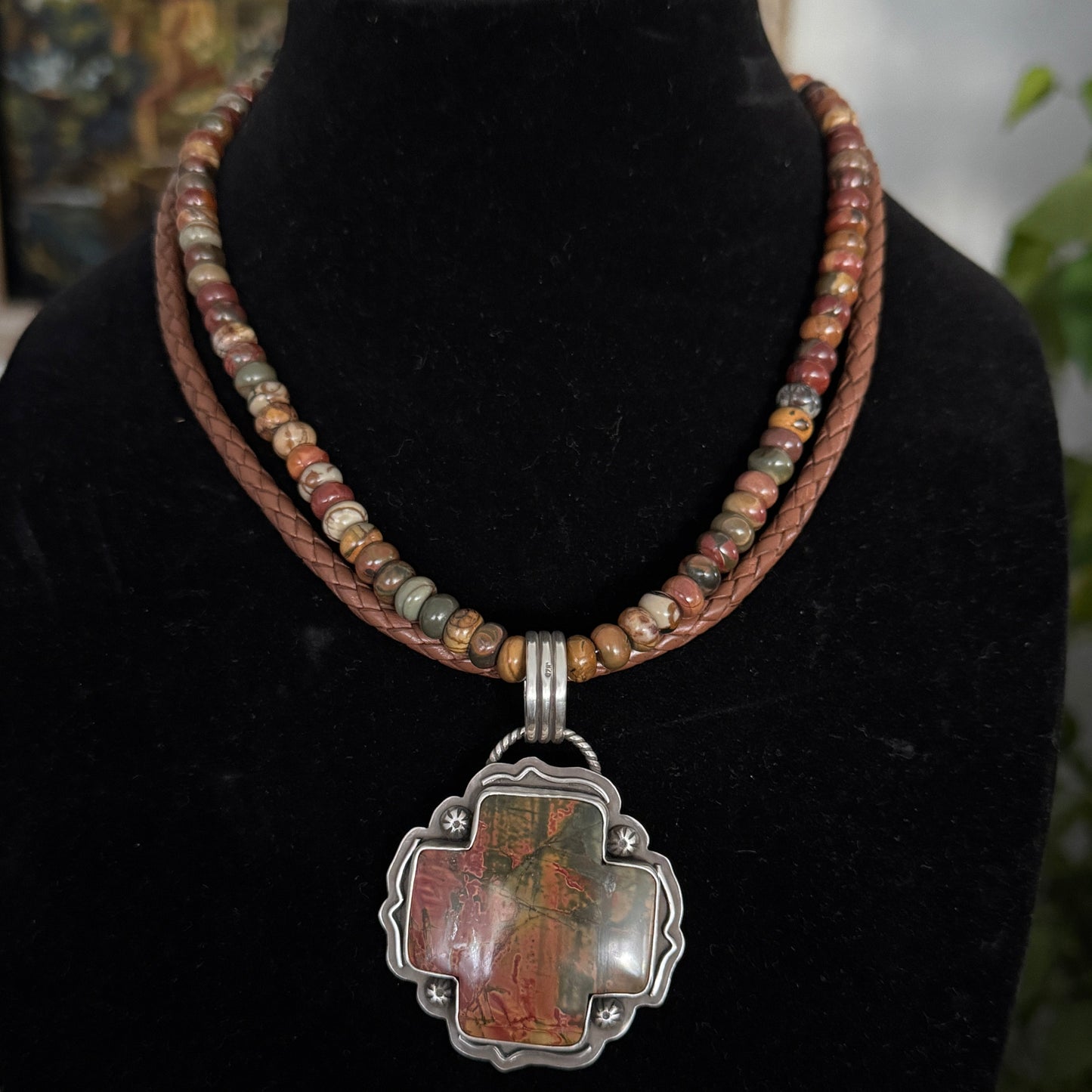 Cherry Creek Jasper Cross Pendant, Sterling Silver