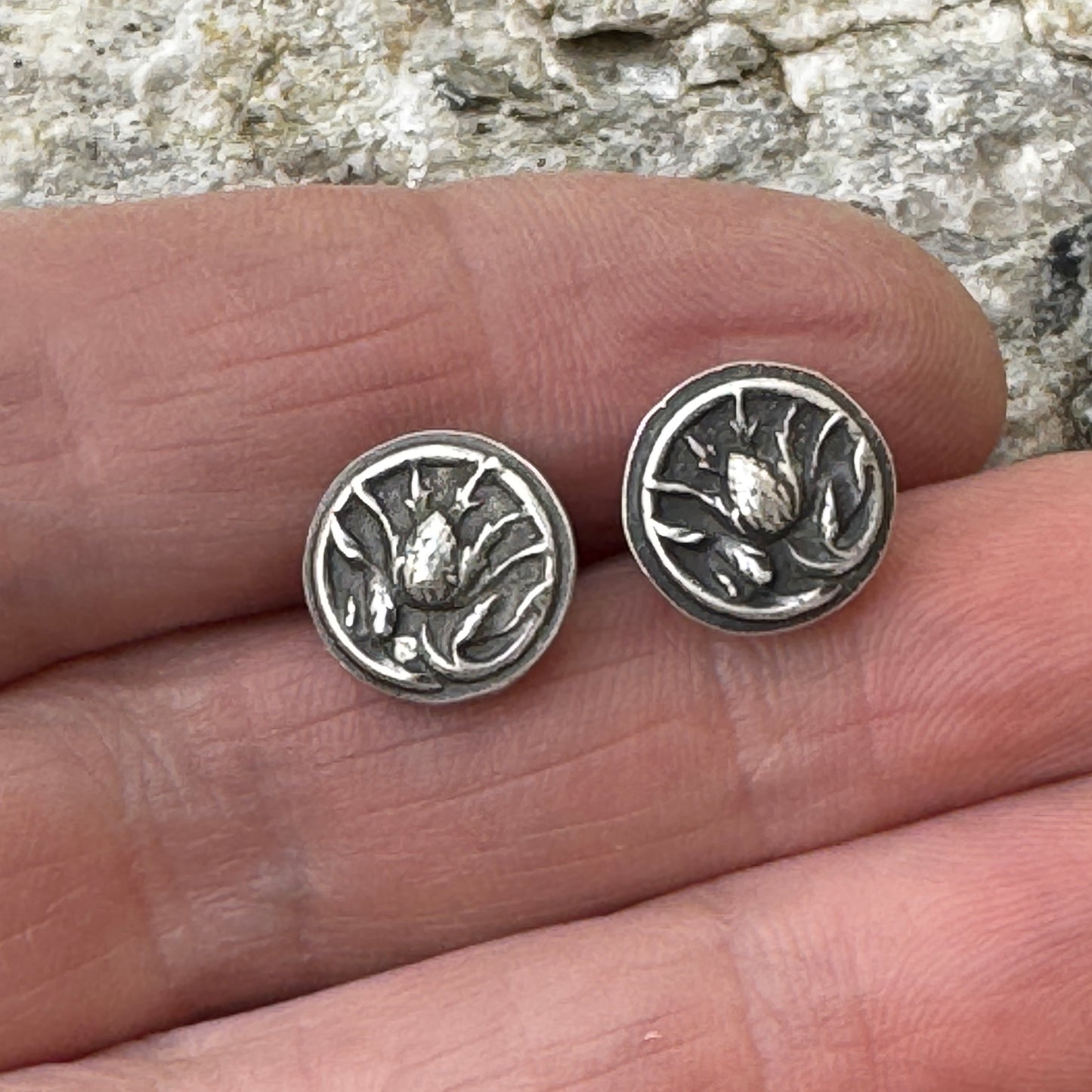 Artichoke Flower Earrings, Sterling Silver Stud Earrings