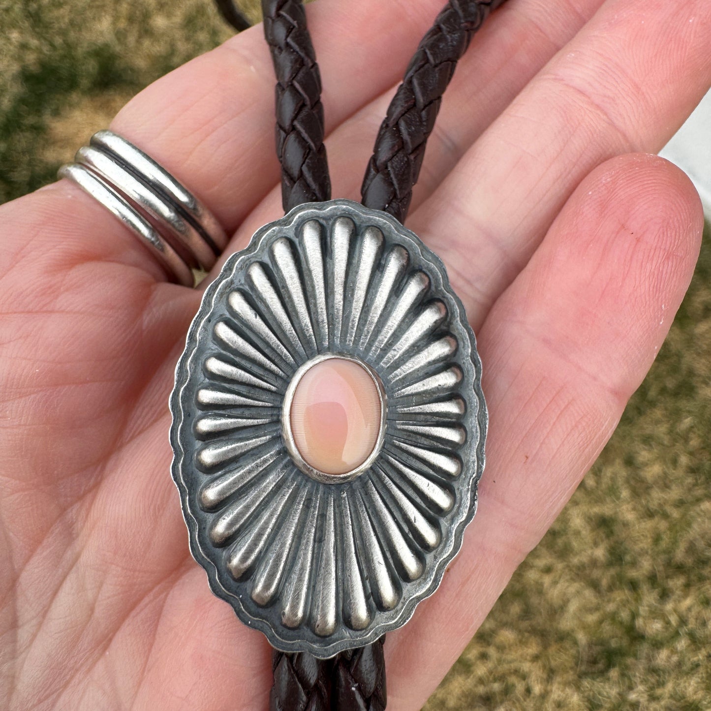 Pink Queen Conch Shell Concho Style  Bolo Tie Necklace