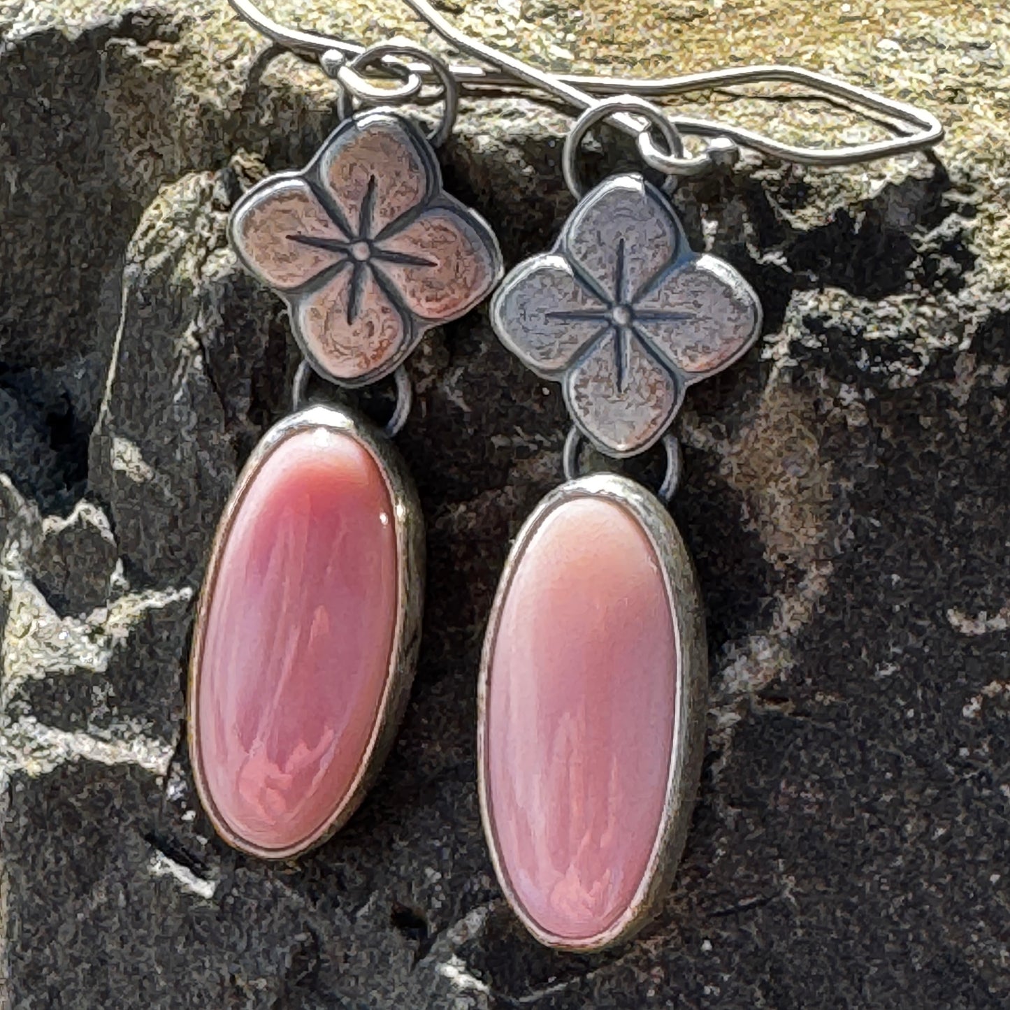 Pink Conch Shell Dangle Earrings with Flower Accent