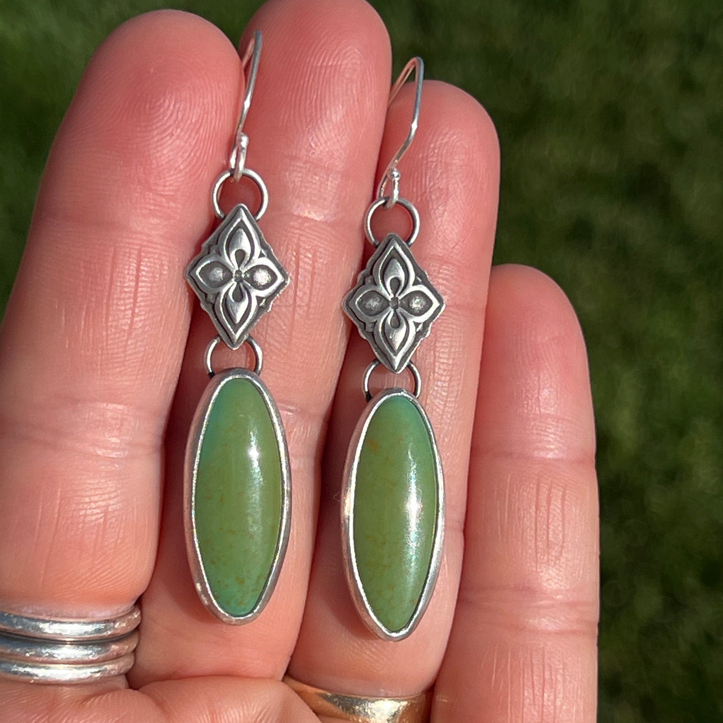 Green Turquoise Drop Earrings with Deco Sterling Silver Link