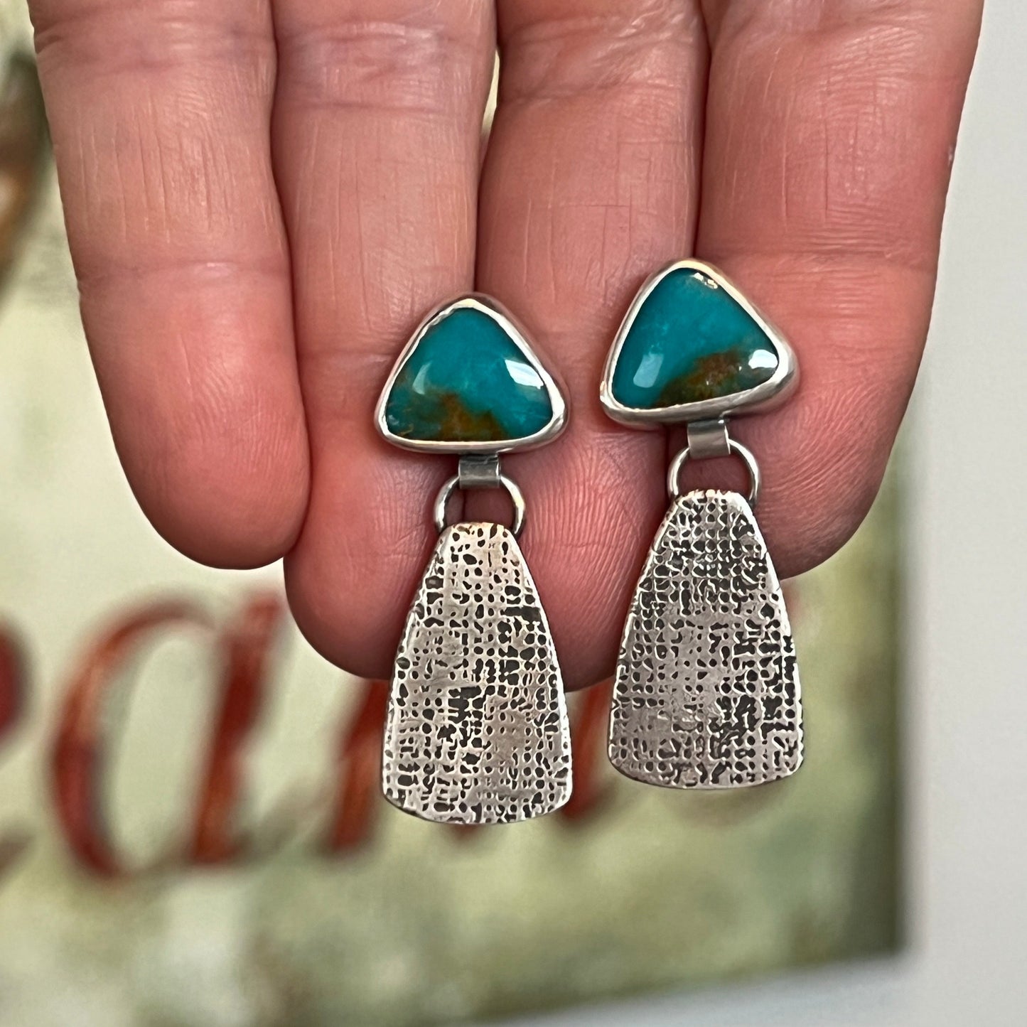 Blue Kingman Turquoise Post Earrings with Silk Textured Drop