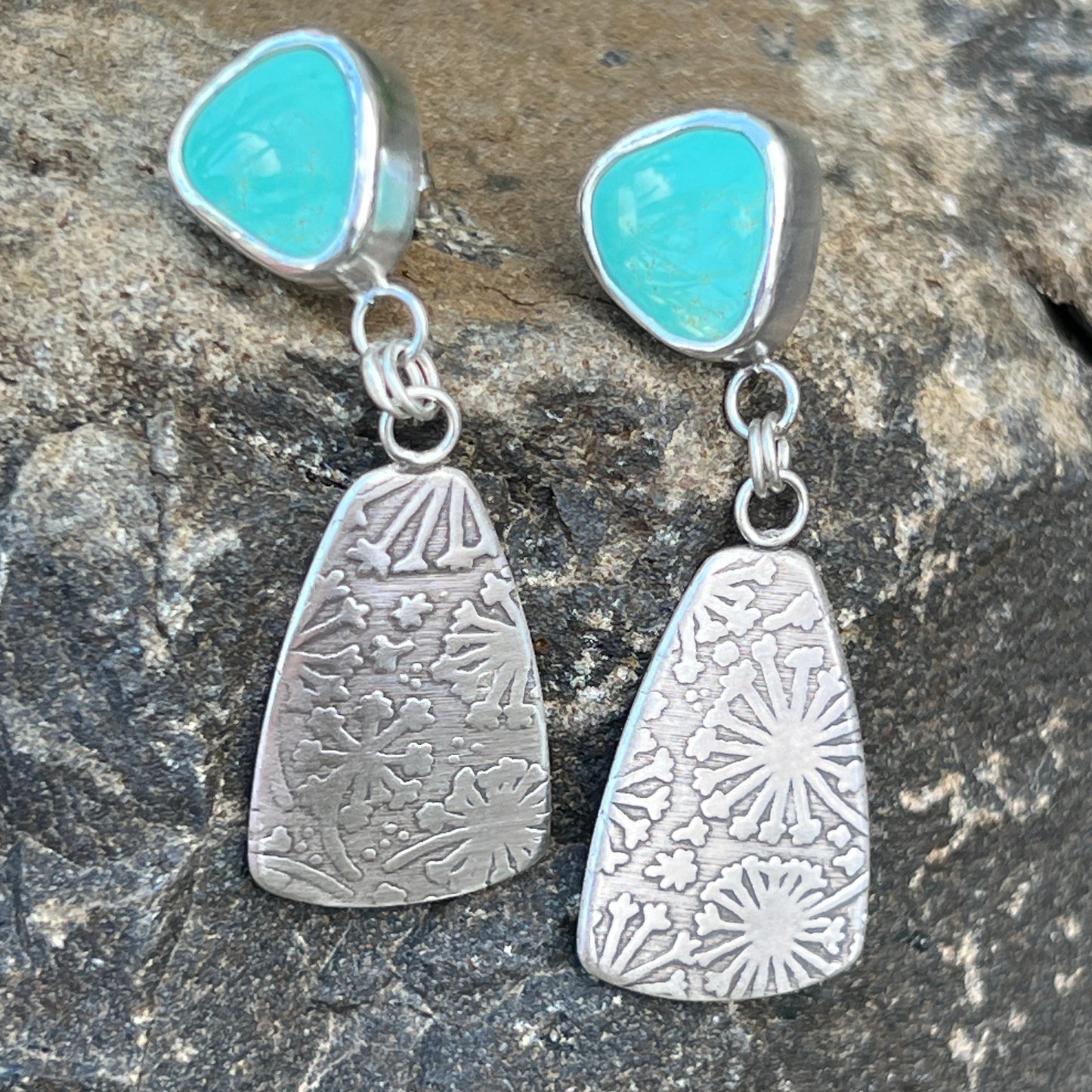 Green Kingman Turquoise Post Earrings with Dandelion Printed Drop